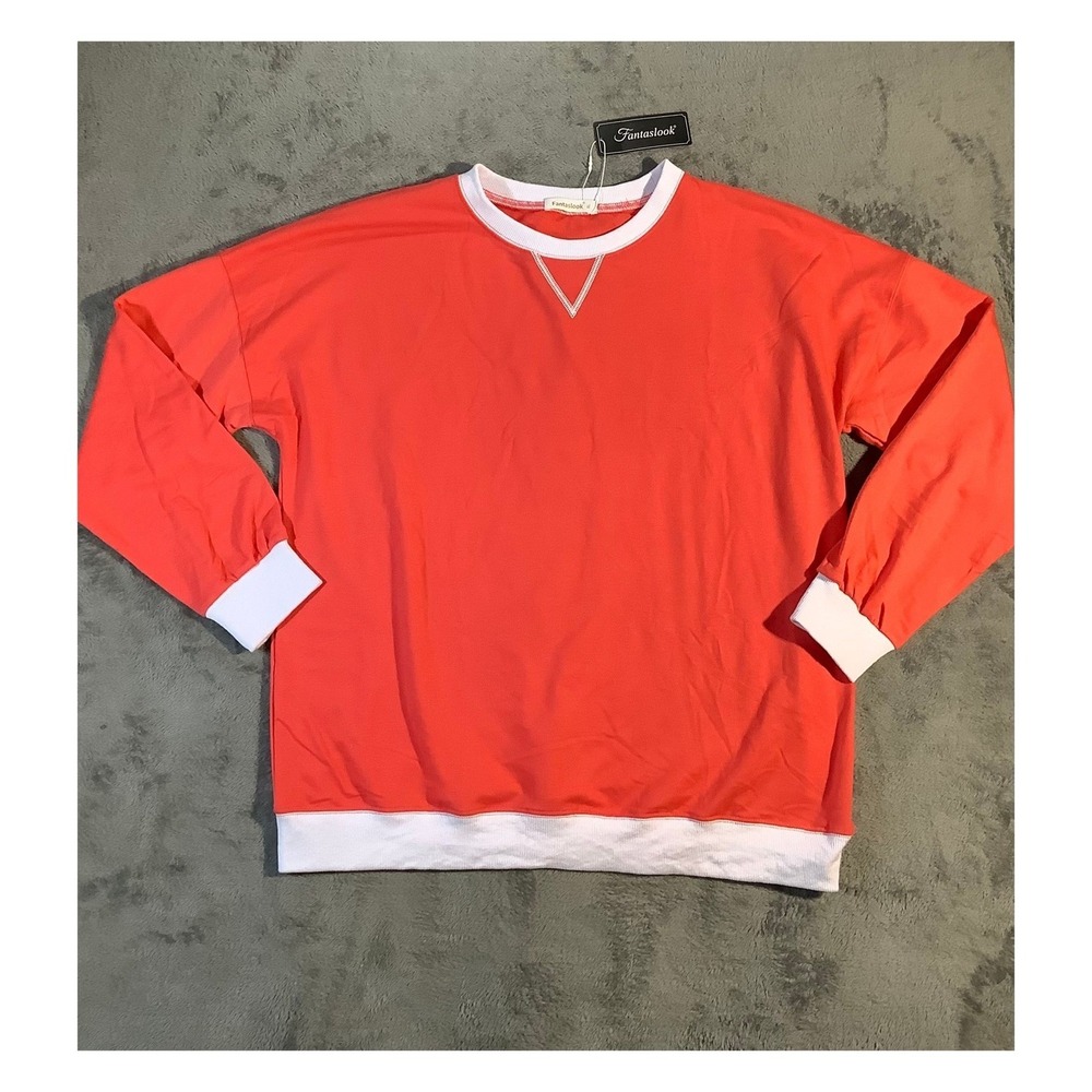 Fantaslook Women's XL Sweatshirt Red White Trim Relaxed Fit Pullover‎ NWT